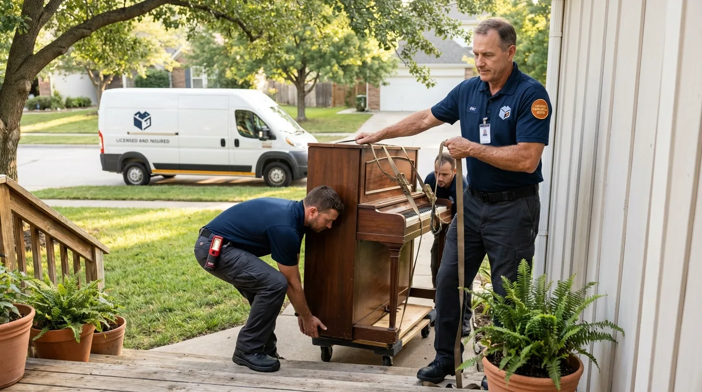 Licensed piano movers securing grand piano in Eclectic, AL